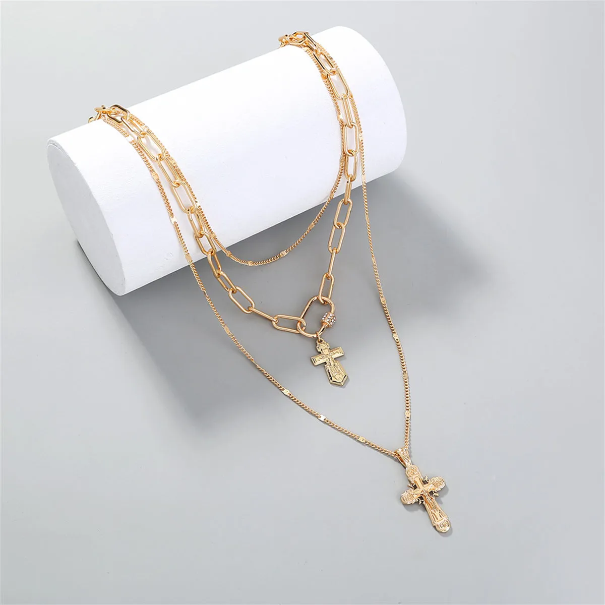 Cubic Zirconia & 18K Gold-Plated Cross Layered Pendant Necklace
