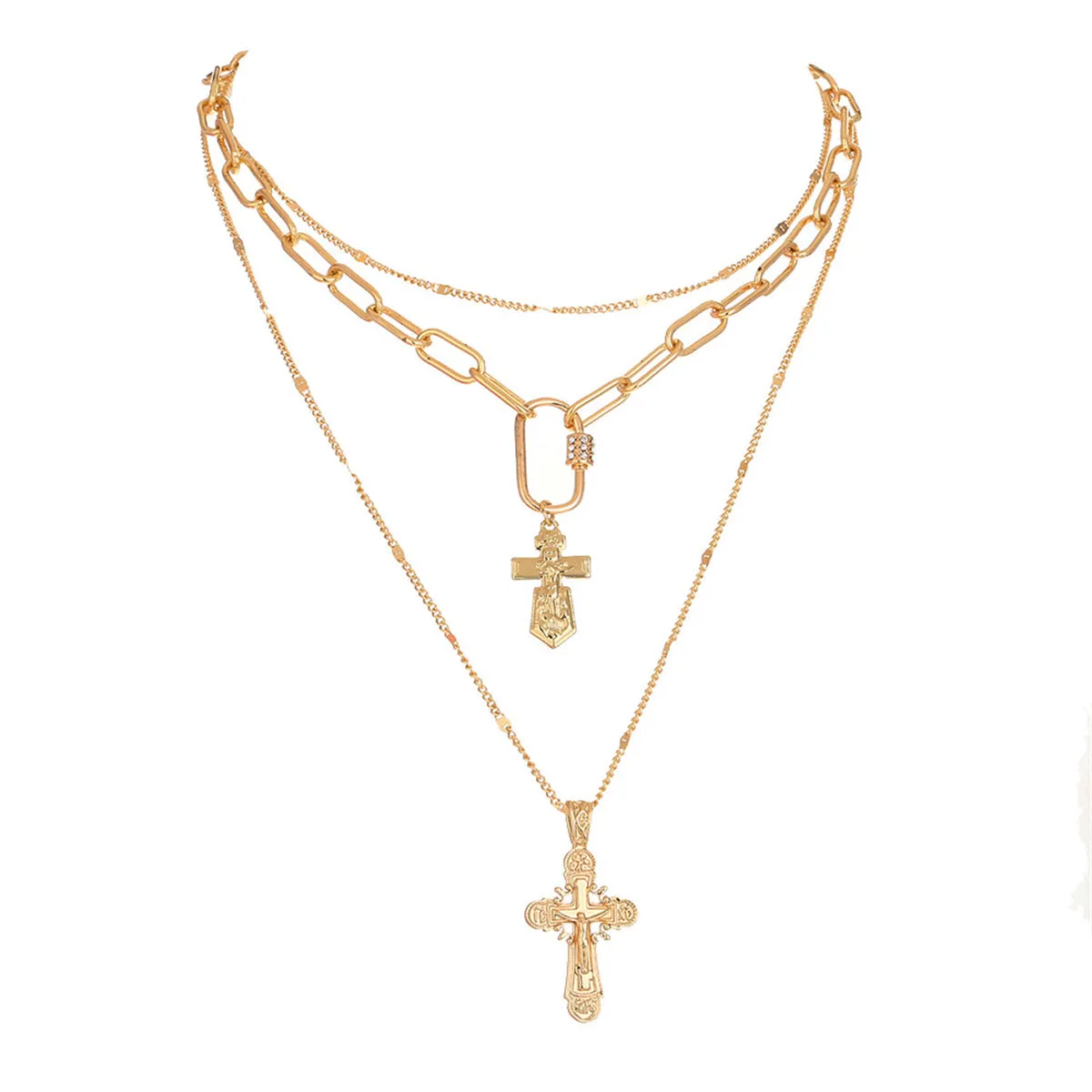Cubic Zirconia & 18K Gold-Plated Cross Layered Pendant Necklace