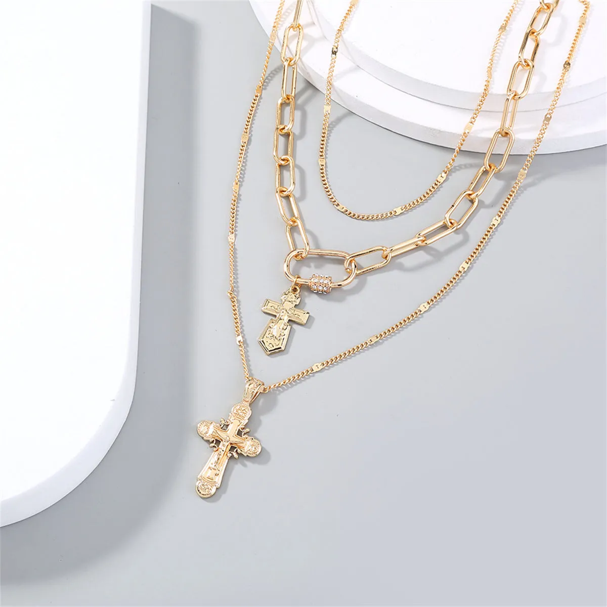 Cubic Zirconia & 18K Gold-Plated Cross Layered Pendant Necklace