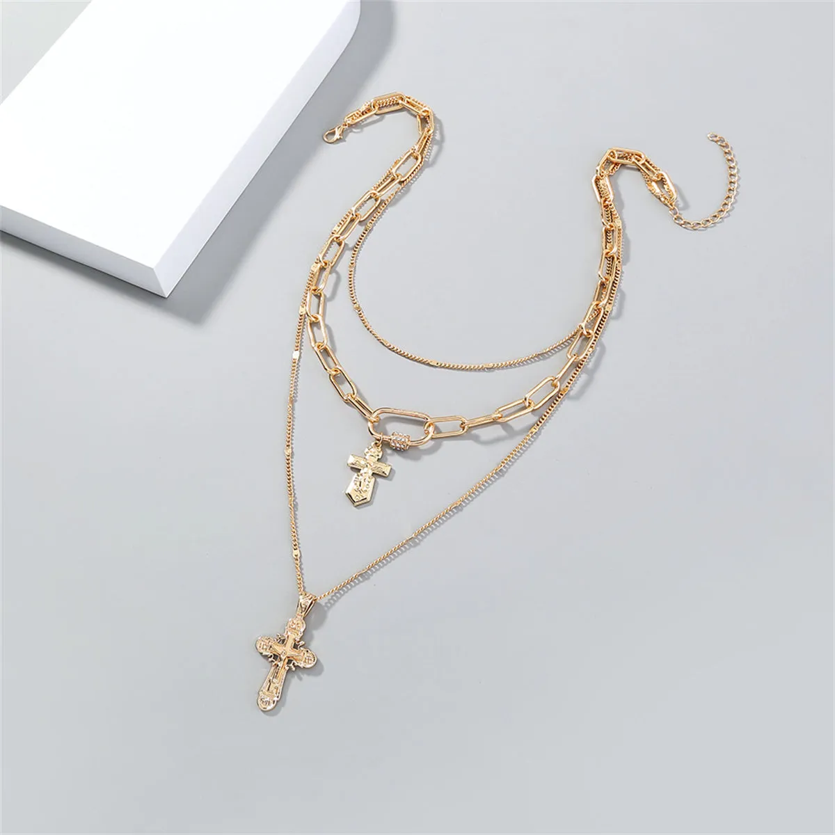 Cubic Zirconia & 18K Gold-Plated Cross Layered Pendant Necklace