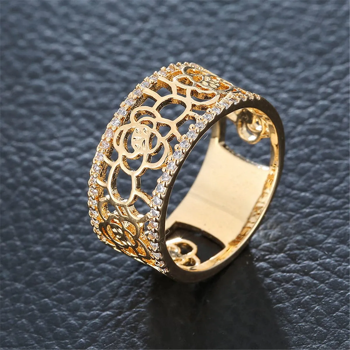 Cubic Zirconia & 18K Gold-Plated Floral Cutout Ring