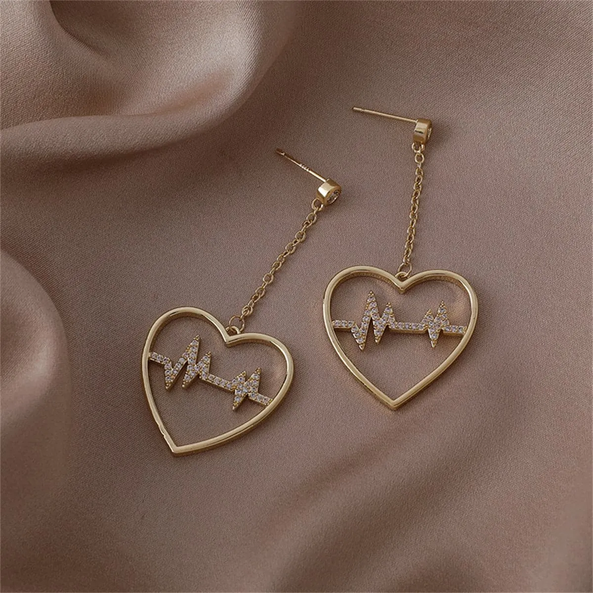 Cubic Zirconia & 18K Gold-Plated Heartbeat Drop Earrings