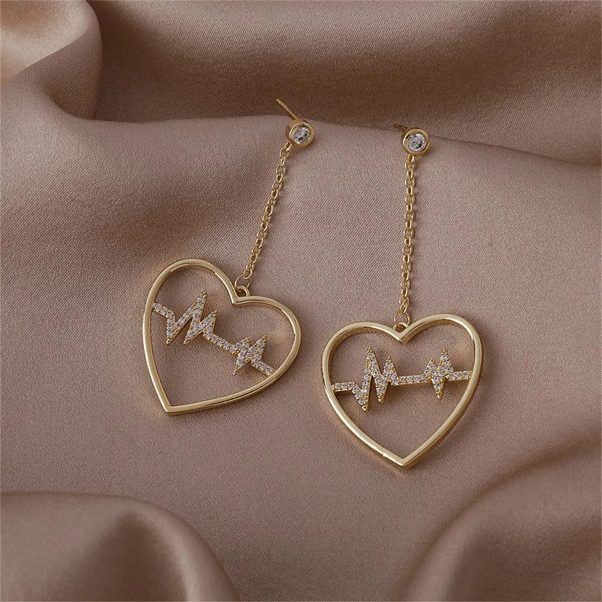 Cubic Zirconia & 18K Gold-Plated Heartbeat Drop Earrings