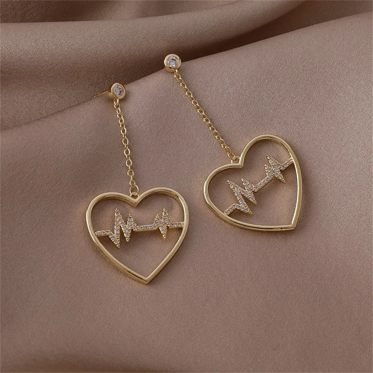 Cubic Zirconia & 18K Gold-Plated Heartbeat Drop Earrings