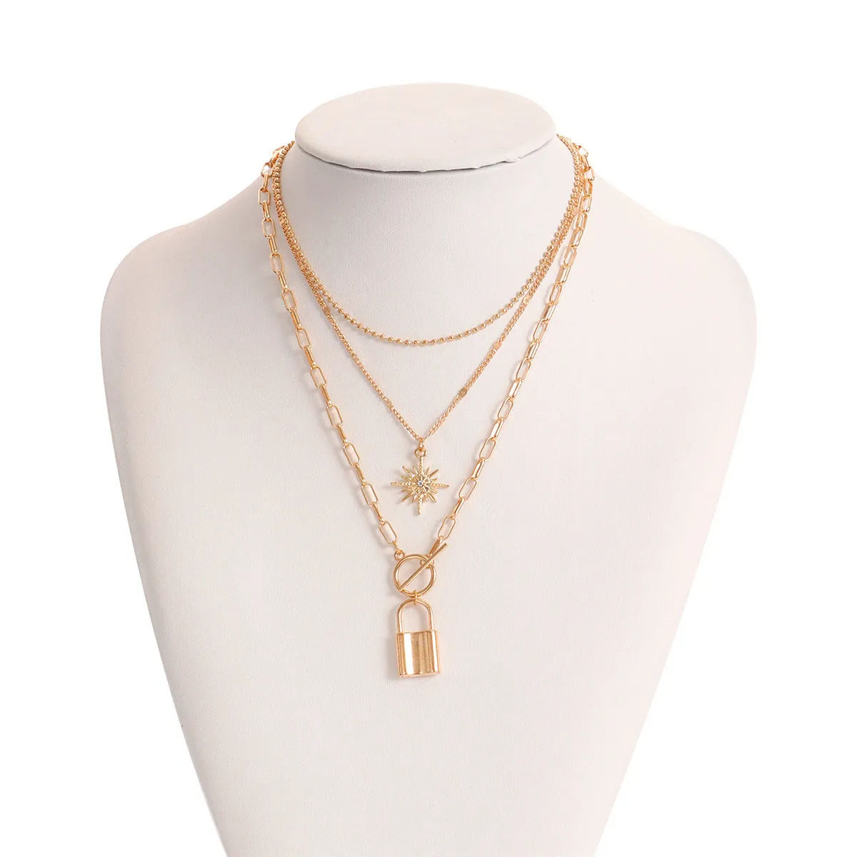 Cubic Zirconia & 18K Gold-Plated Lock Star Layered Pendant Necklace