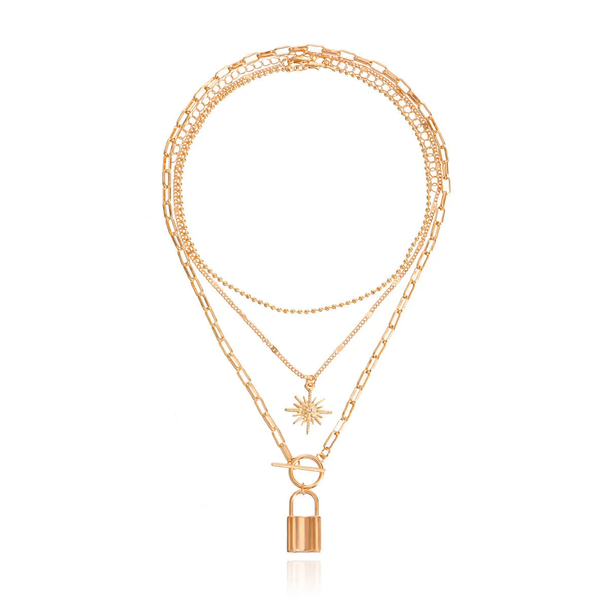 Cubic Zirconia & 18K Gold-Plated Lock Star Layered Pendant Necklace