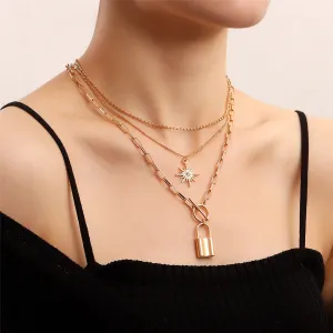 Cubic Zirconia & 18K Gold-Plated Lock Star Layered Pendant Necklace