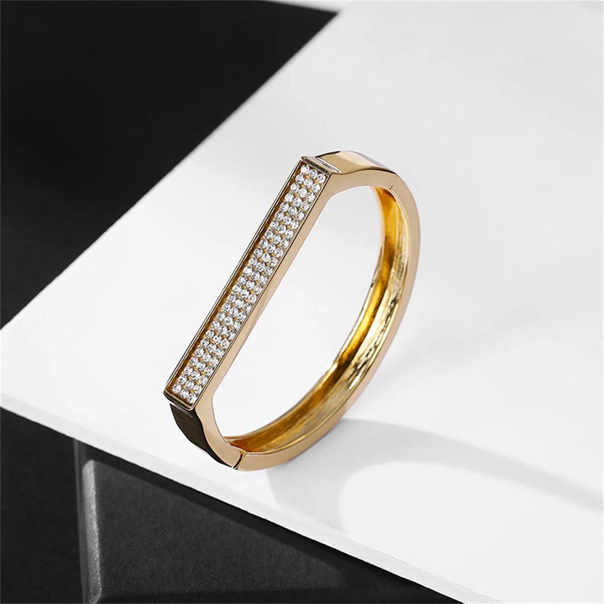 Cubic Zirconia & 18K Gold-Plated Rectangle Hinge Bangle