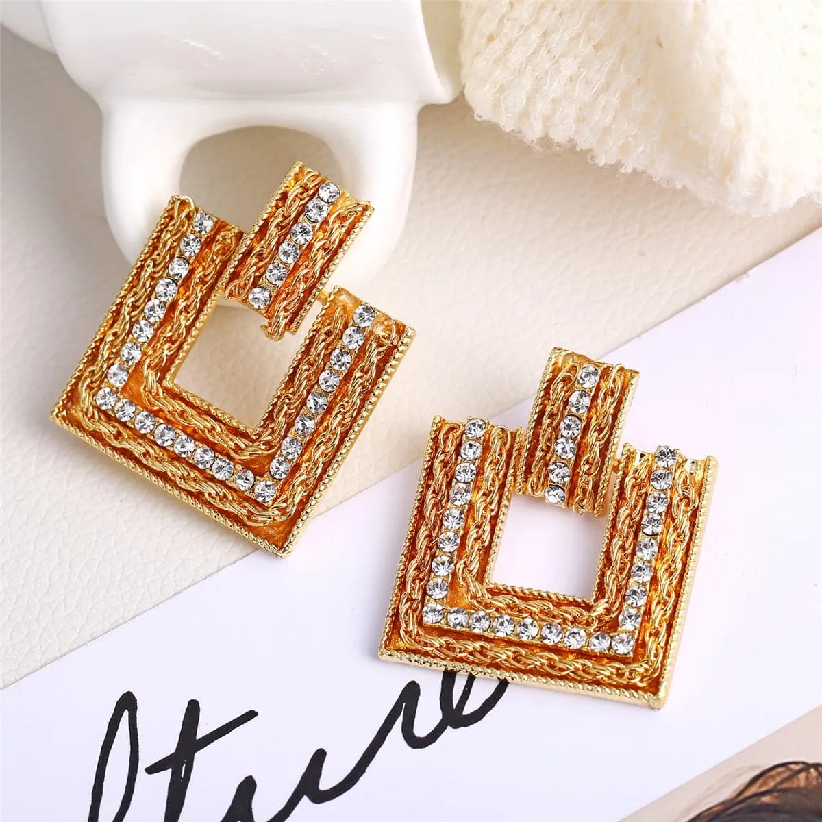 Cubic Zirconia & 18K Gold-Plated Square Catch Drop Earring