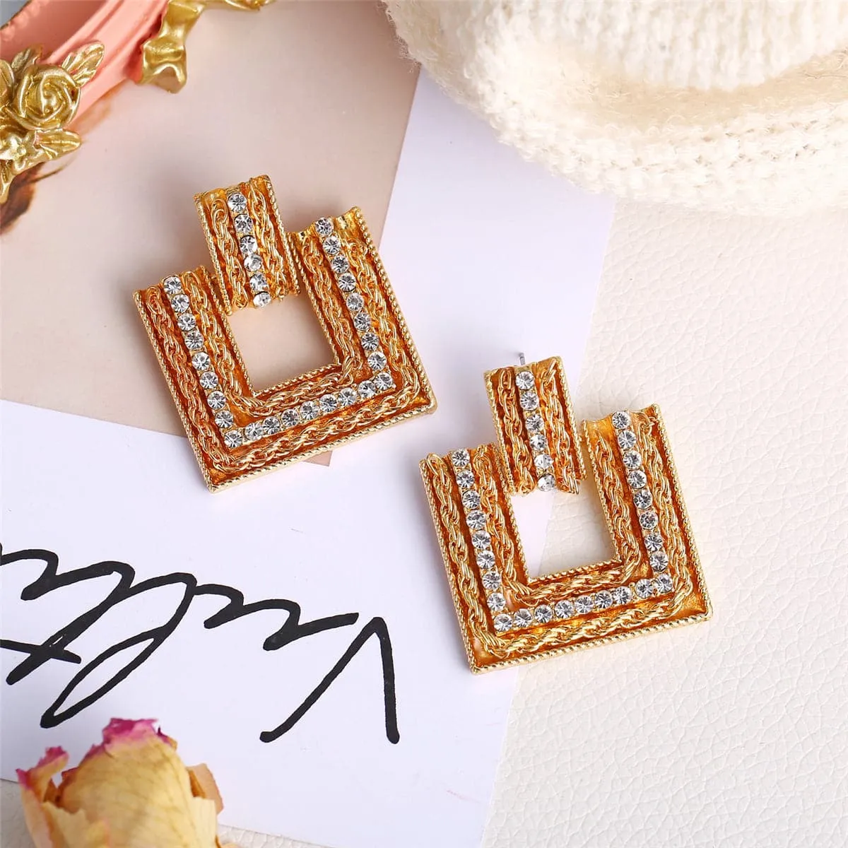 Cubic Zirconia & 18K Gold-Plated Square Catch Drop Earring