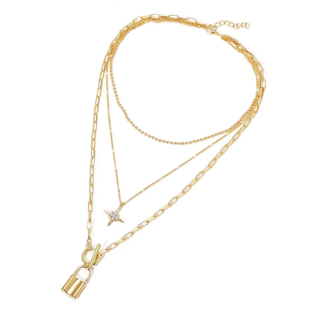 Cubic Zirconia & 18K Gold-Plated Star Lock Layered Pendant Necklace