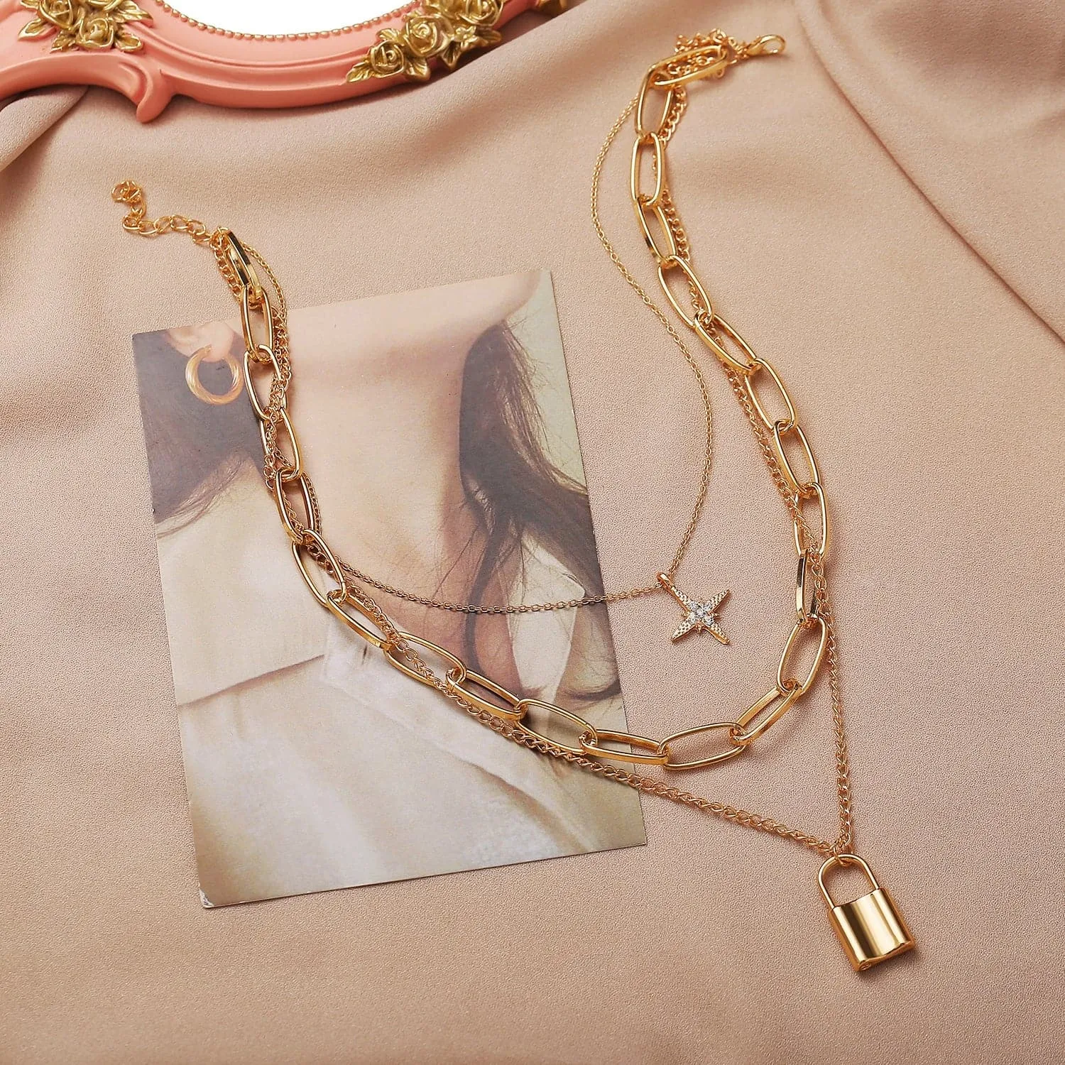 Cubic Zirconia & 18K Gold-Plated Star Lock Layered Pendant Necklace