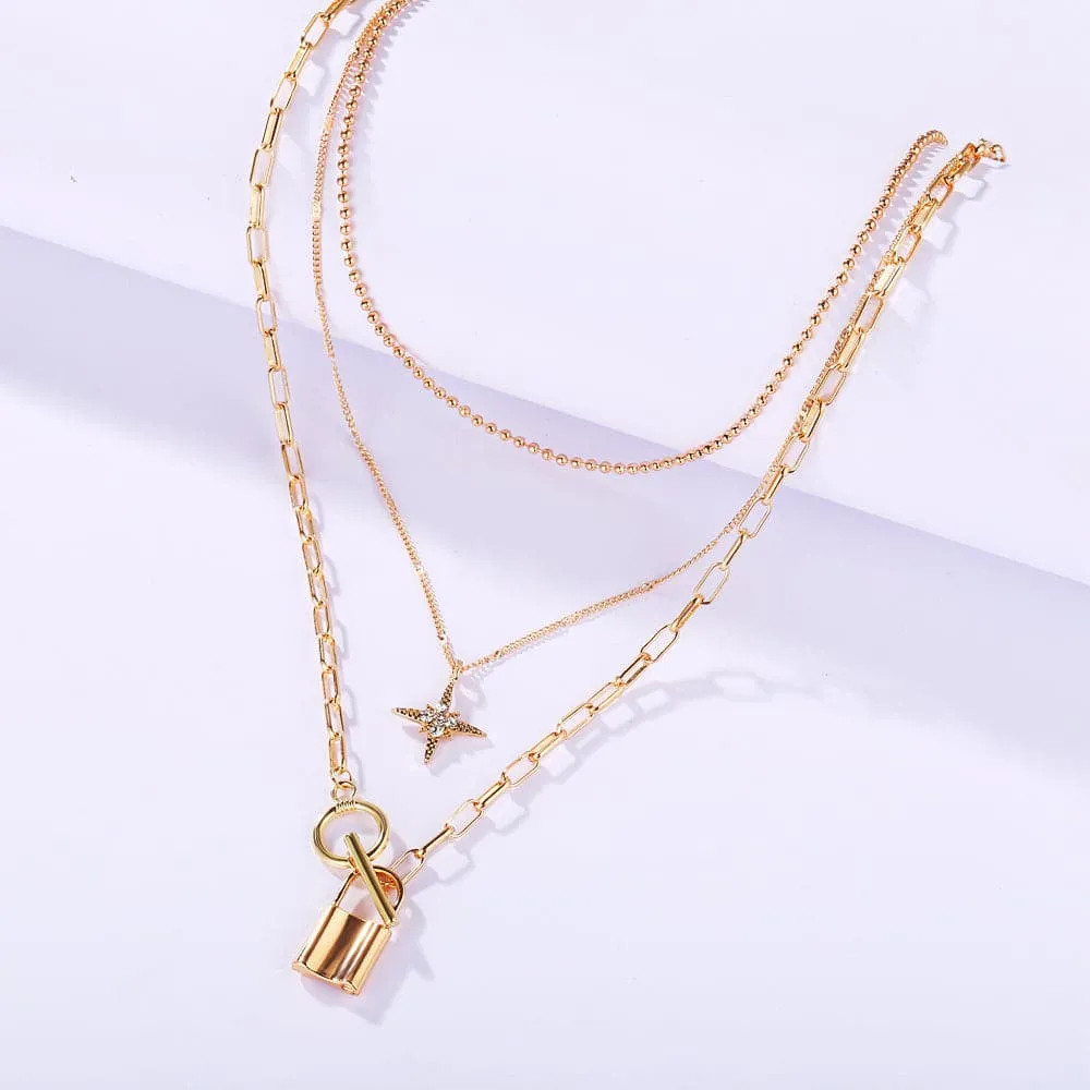 Cubic Zirconia & 18K Gold-Plated Star Lock Layered Pendant Necklace