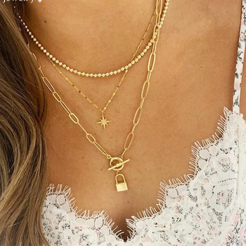 Cubic Zirconia & 18K Gold-Plated Star Lock Layered Pendant Necklace