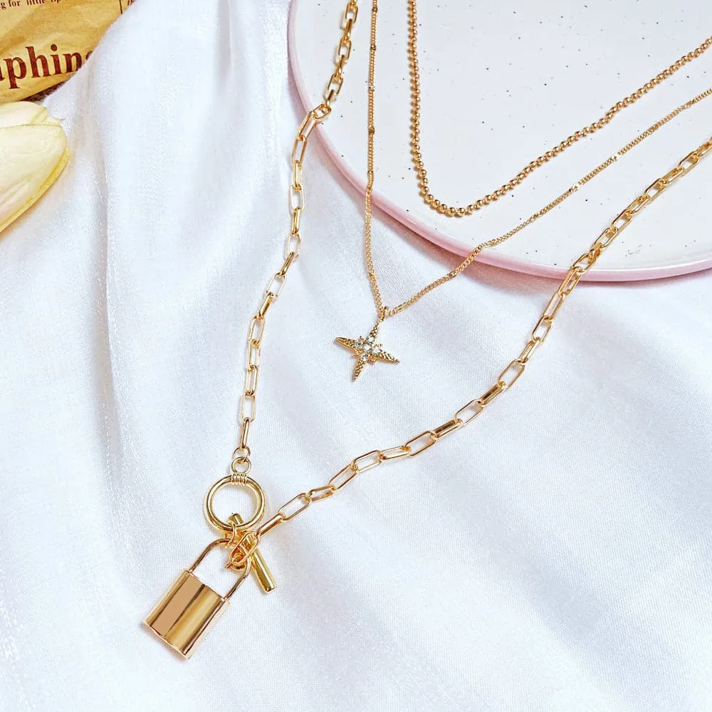 Cubic Zirconia & 18K Gold-Plated Star Lock Layered Pendant Necklace