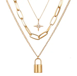 Cubic Zirconia & 18K Gold-Plated Star Lock Layered Pendant Necklace
