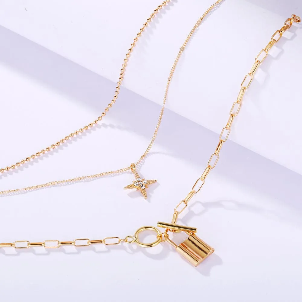Cubic Zirconia & 18K Gold-Plated Star Lock Layered Pendant Necklace