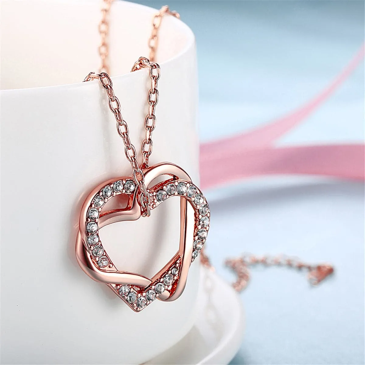 Cubic Zirconia & 18K Rose Gold-Plated Double Heart Pendant Necklace