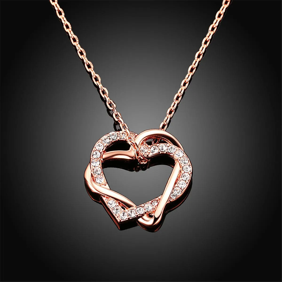 Cubic Zirconia & 18K Rose Gold-Plated Double Heart Pendant Necklace