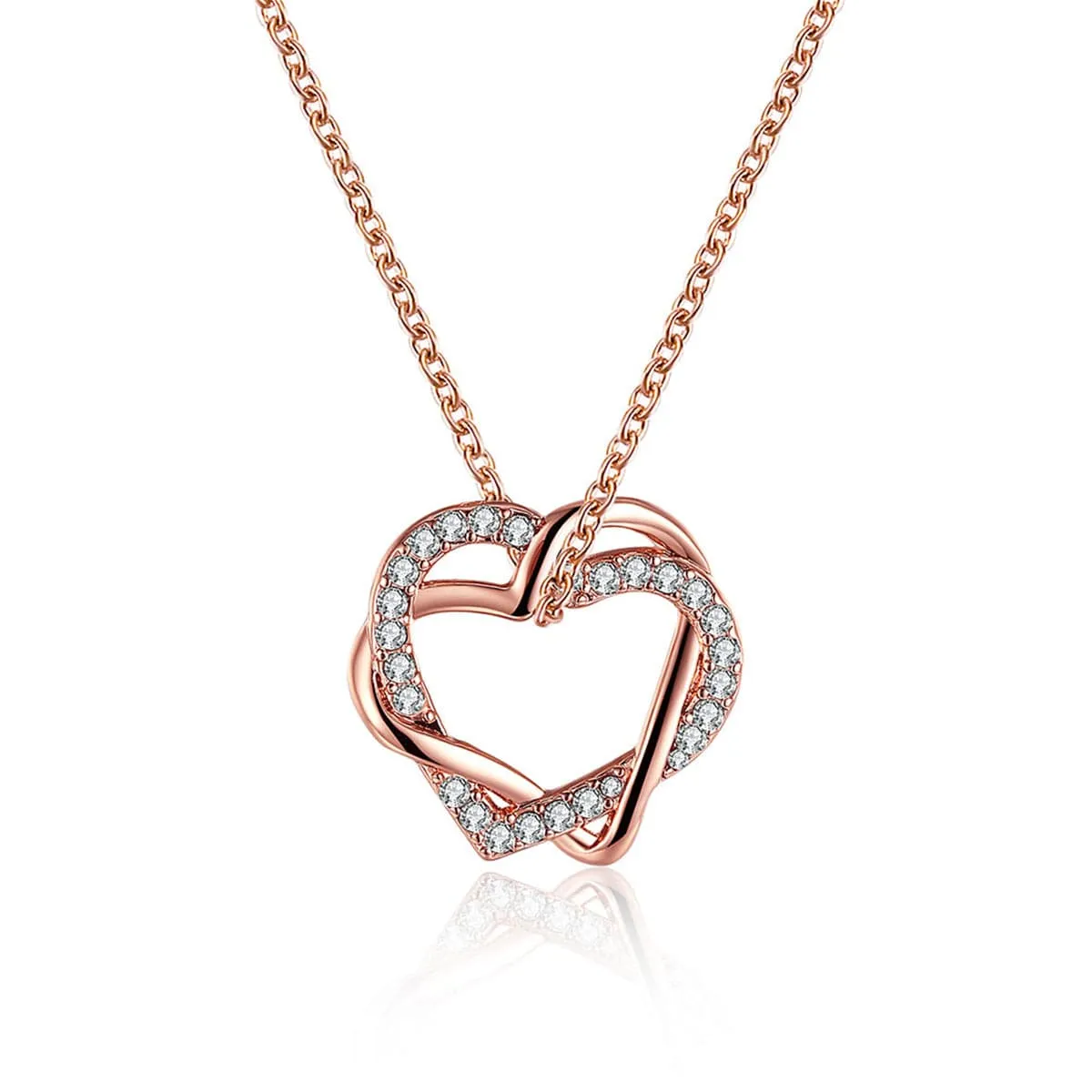Cubic Zirconia & 18K Rose Gold-Plated Double Heart Pendant Necklace