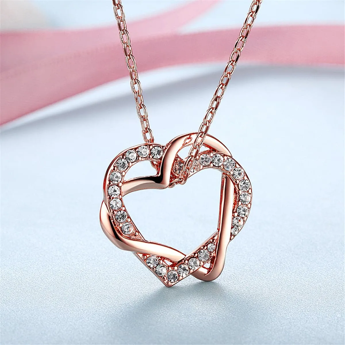 Cubic Zirconia & 18K Rose Gold-Plated Double Heart Pendant Necklace