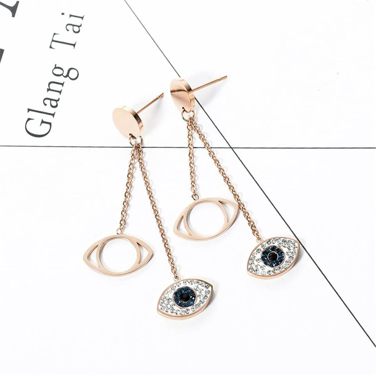 Cubic Zirconia & 18K Rose Gold-Plated Evil Eye Drop Earring