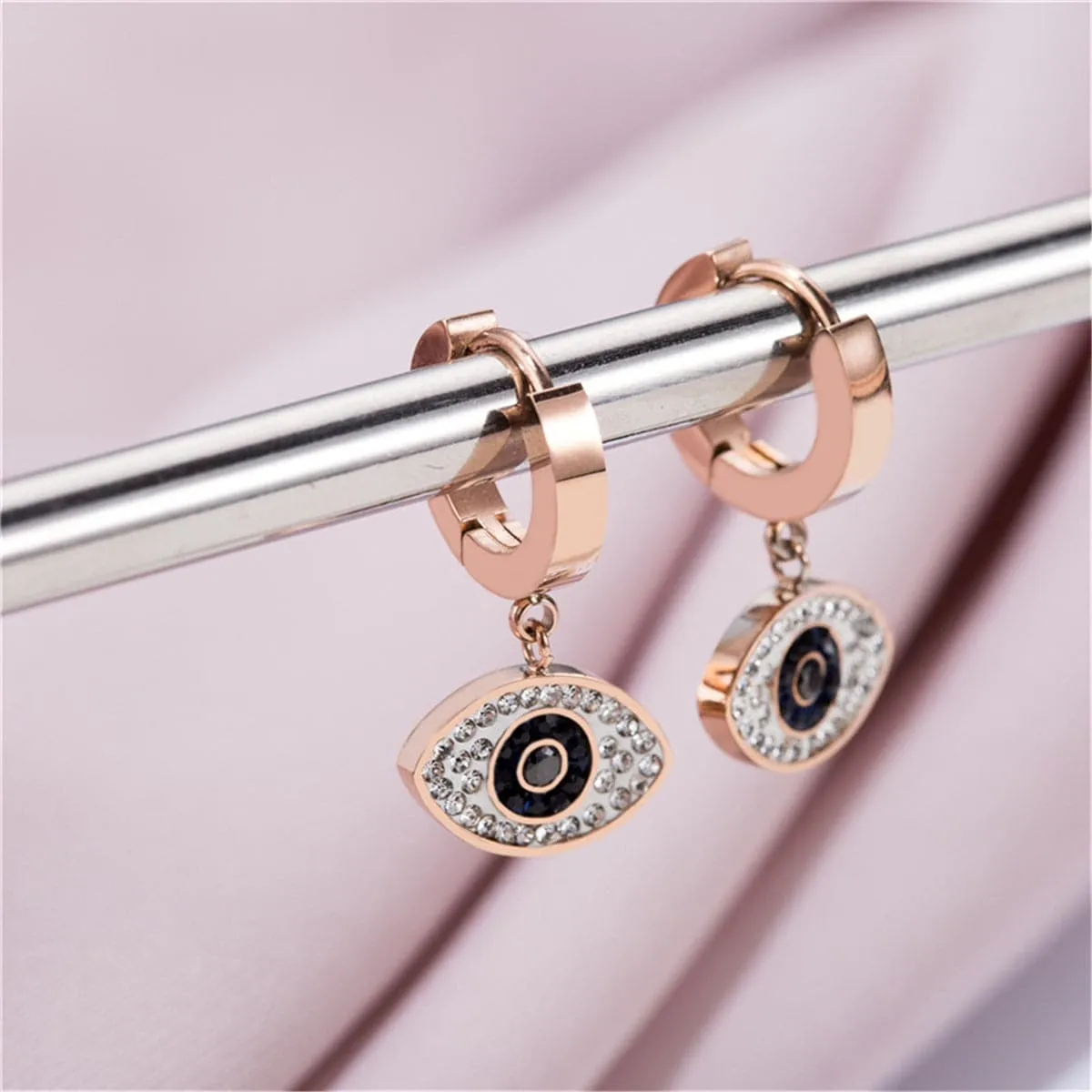 Cubic Zirconia & 18K Rose Gold-Plated Evil Eye Drop Earring