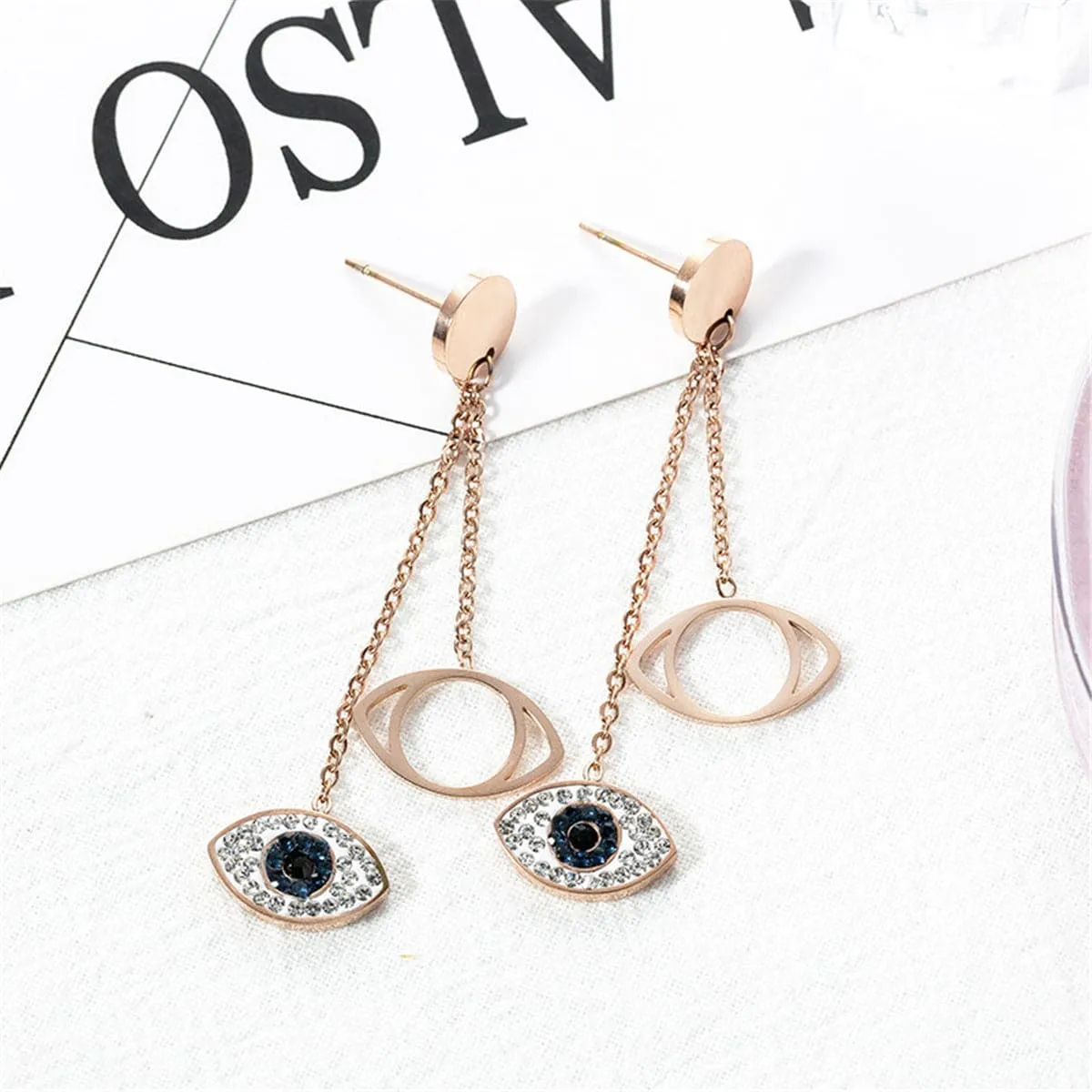 Cubic Zirconia & 18K Rose Gold-Plated Evil Eye Drop Earring