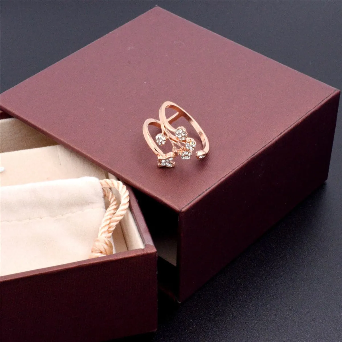 Cubic Zirconia & 18K Rose Gold-Plated Flower & Butterfly Ring