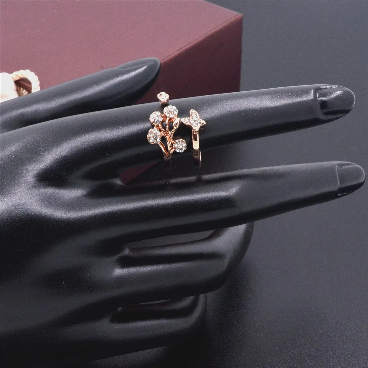 Cubic Zirconia & 18K Rose Gold-Plated Flower & Butterfly Ring
