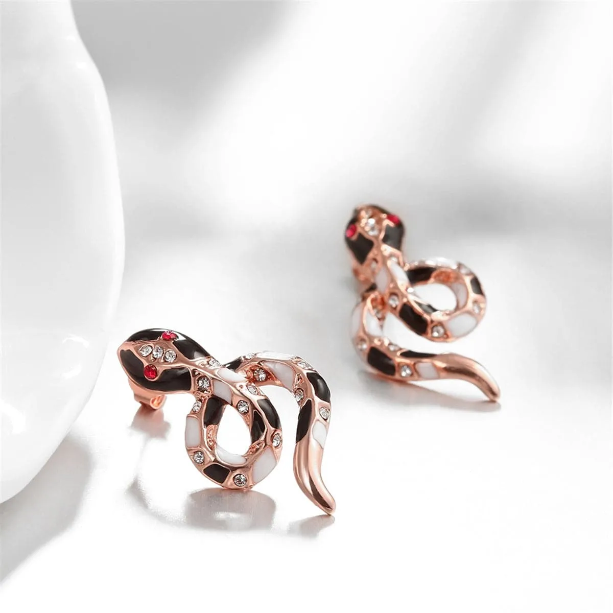 Cubic Zirconia & Enamel 18K Rose Gold-Plated Snake Stud Earrings