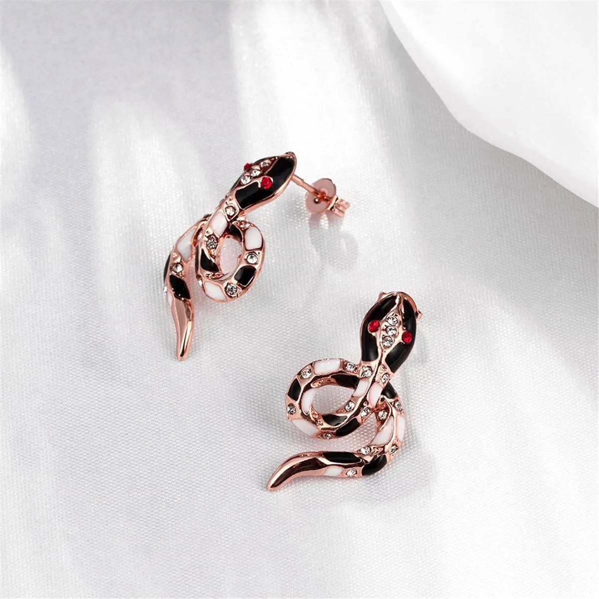 Cubic Zirconia & Enamel 18K Rose Gold-Plated Snake Stud Earrings