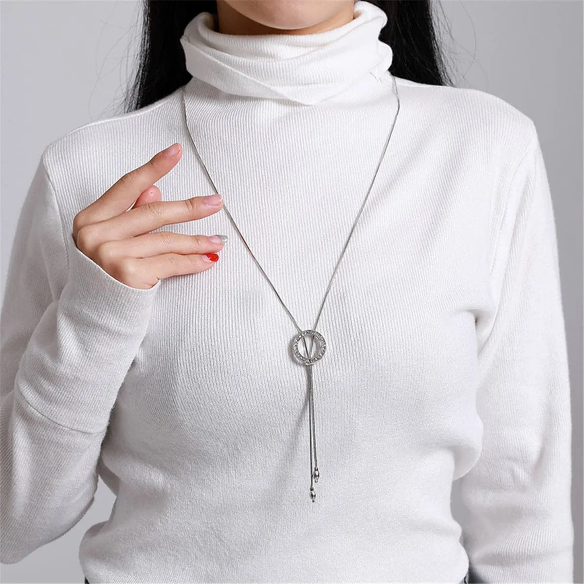 Cubic Zirconia & Silver-Plated Circle Lariat Necklace