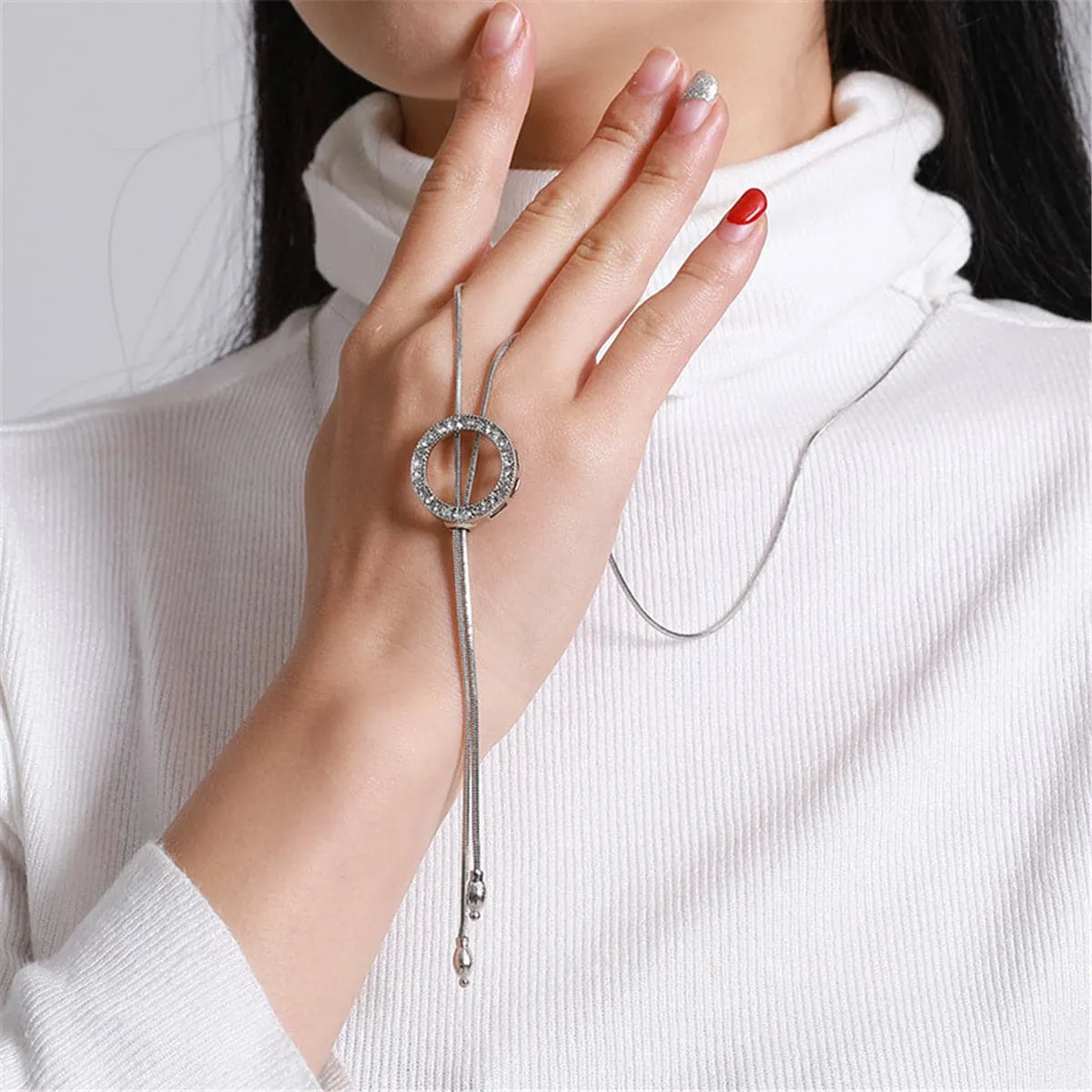 Cubic Zirconia & Silver-Plated Circle Lariat Necklace