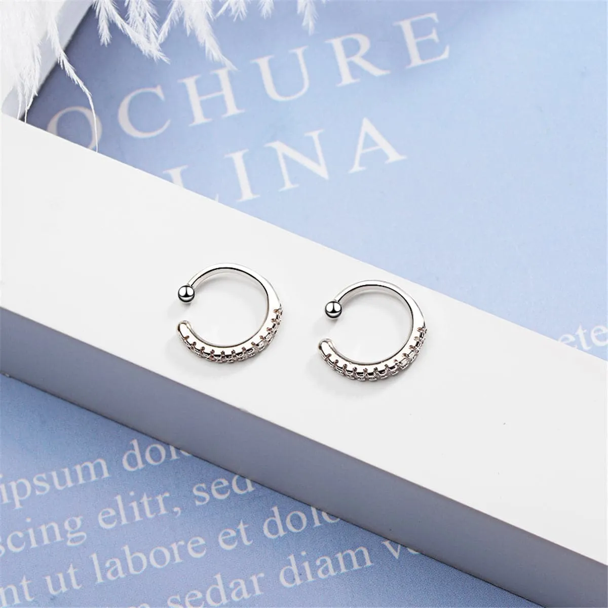 Cubic Zirconia & Silver-Plated Hoop Stud Ear Cuffs