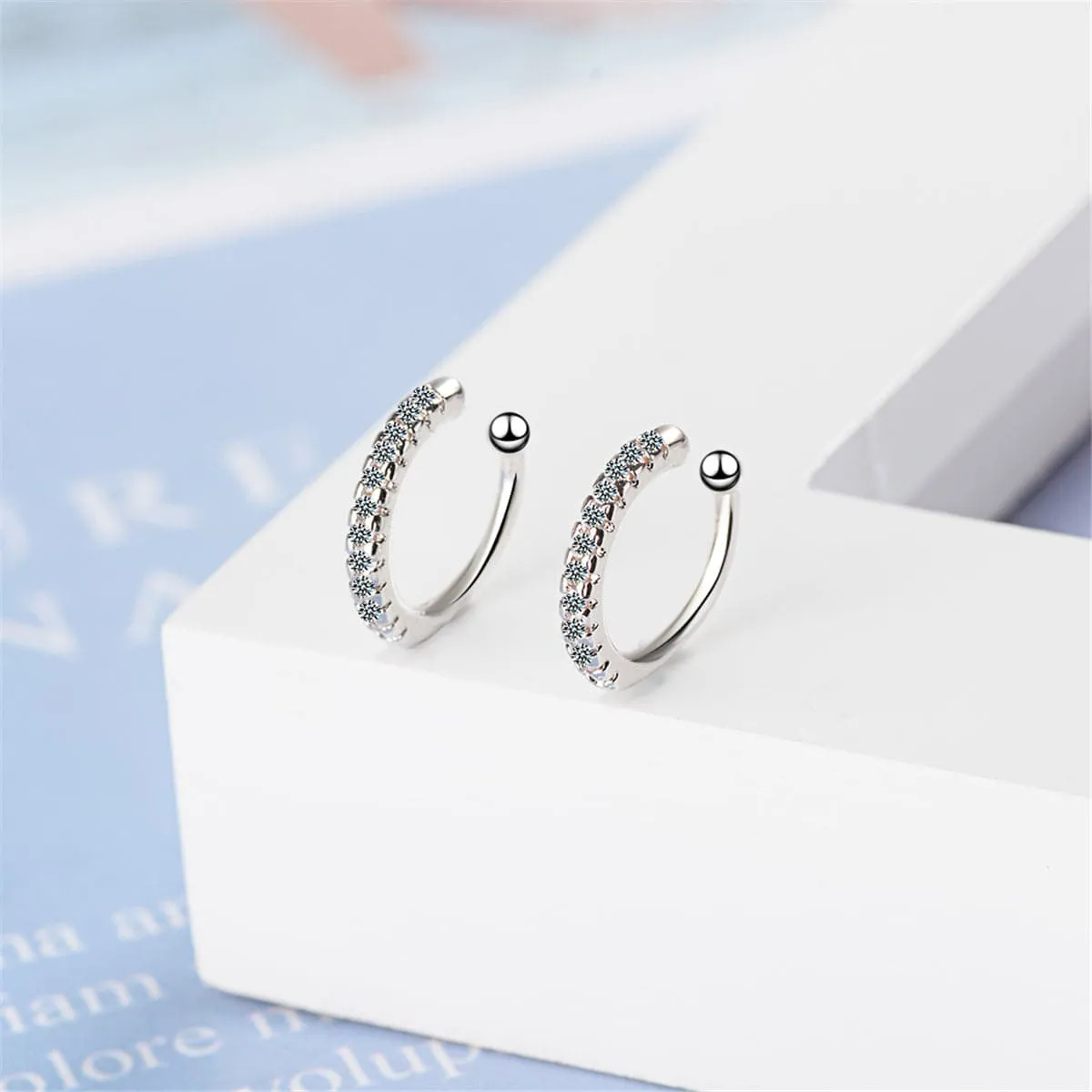 Cubic Zirconia & Silver-Plated Hoop Stud Ear Cuffs