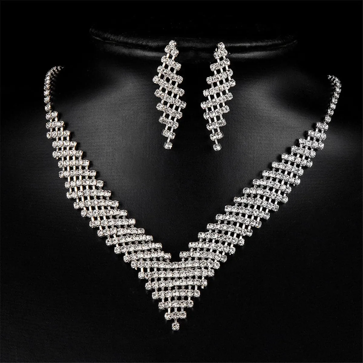 Cubic Zirconia & Silver-Plated Rhombus Drop Earrings & Necklace