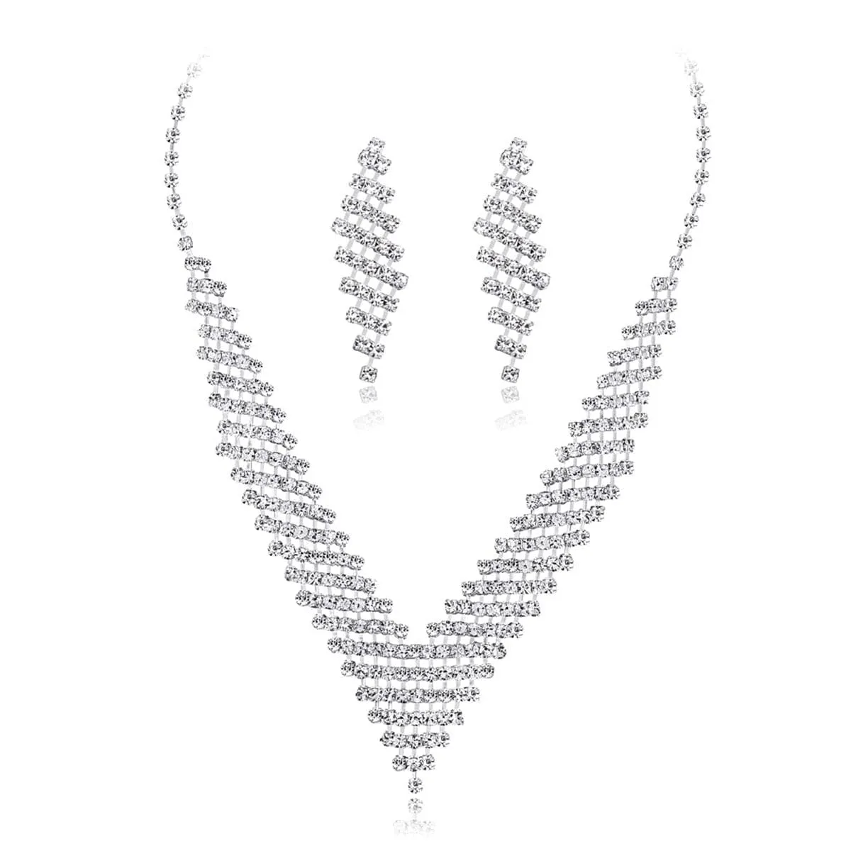 Cubic Zirconia & Silver-Plated Rhombus Drop Earrings & Necklace