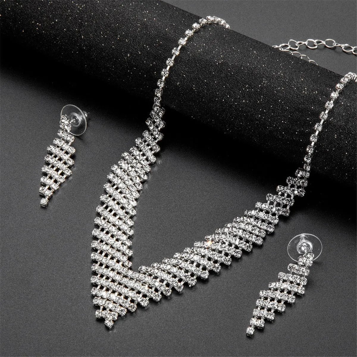 Cubic Zirconia & Silver-Plated Rhombus Drop Earrings & Necklace