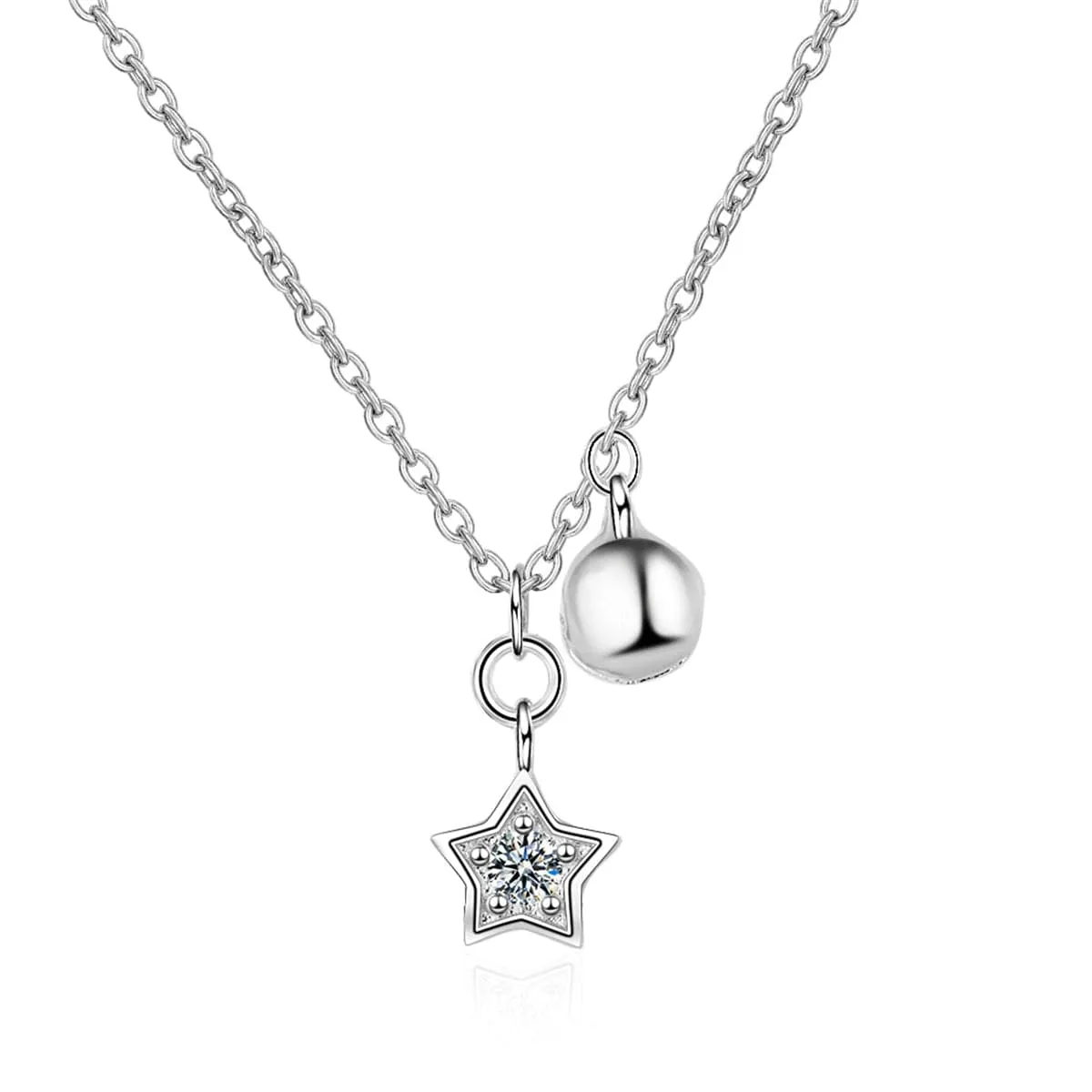 Cubic Zirconia & Silver-Plated Star & Bead Pendant Necklace