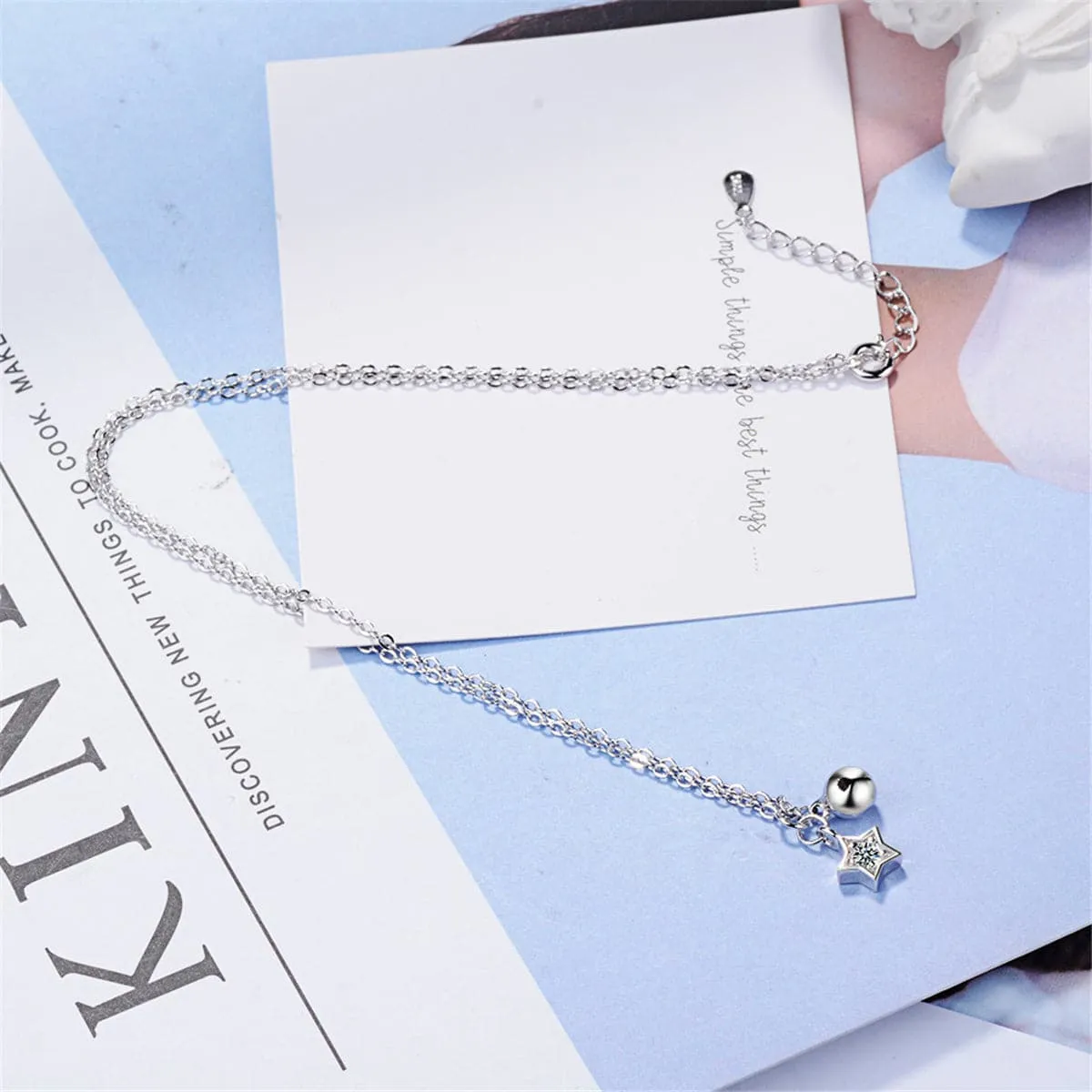 Cubic Zirconia & Silver-Plated Star & Bead Pendant Necklace