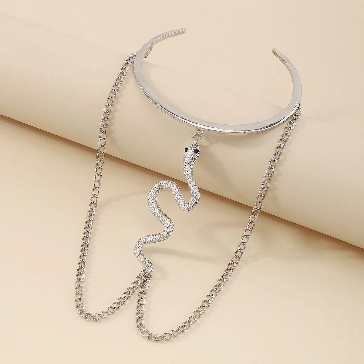 Cubic Zirconia & Silver-Plated Textured Snake Tassel Arm Cuff