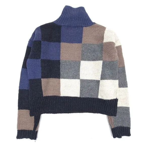 CURRENT/ELLIOTT Alpaca Wool Boxy Mock Neck Crop Sweater Checkered Navy Knit XS
