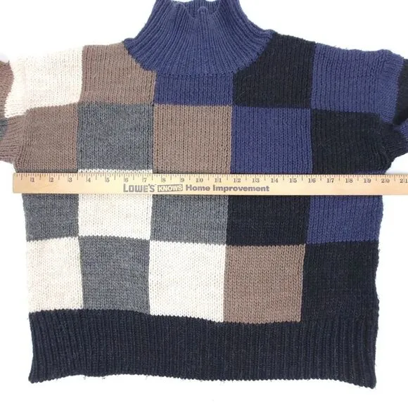 CURRENT/ELLIOTT Alpaca Wool Boxy Mock Neck Crop Sweater Checkered Navy Knit XS