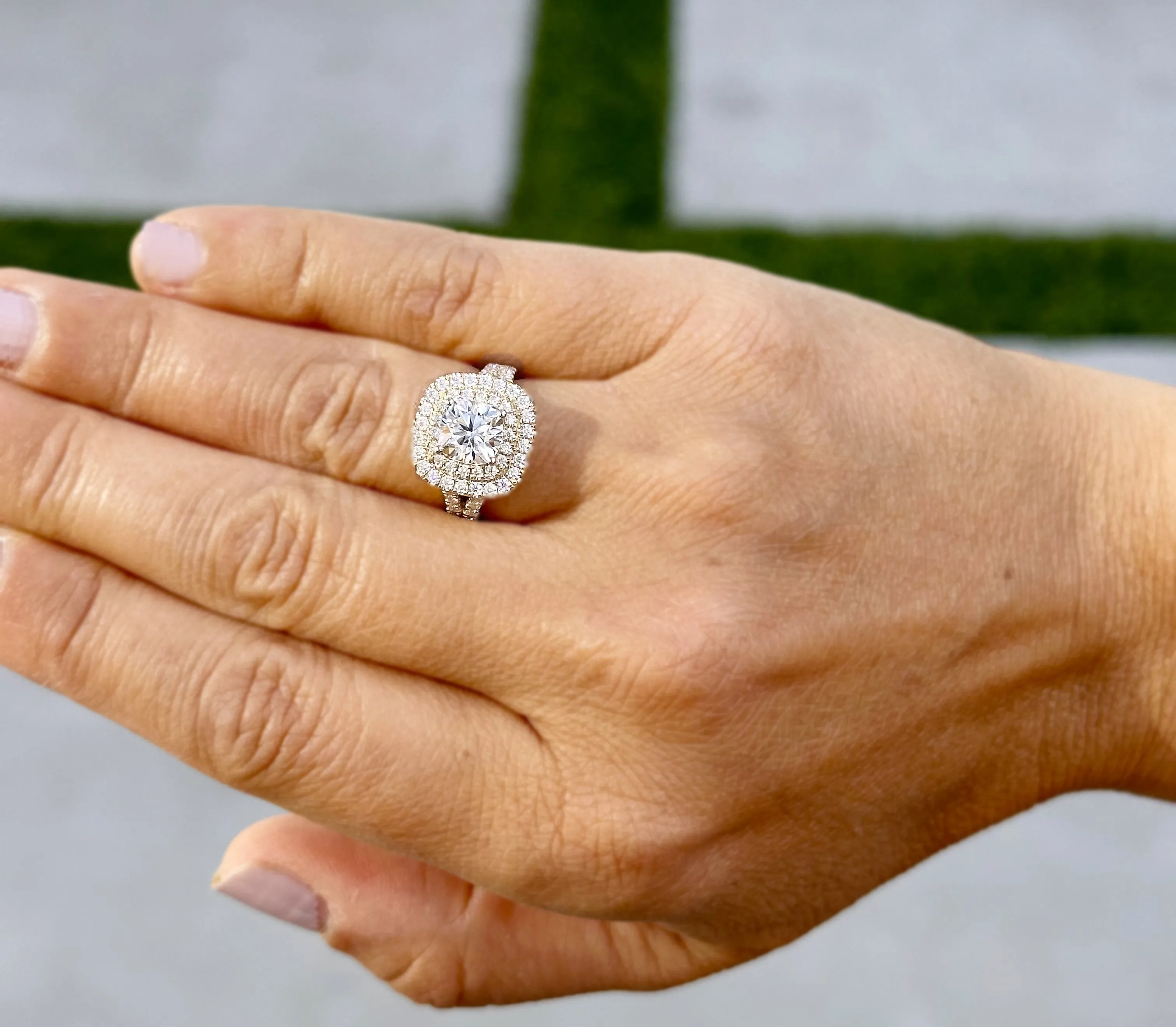 Cushion And Round Cut Diamond Engagement Ring IGI Certified Double Halo Women's 14k Solid Yellow Gold Bridal Halo Wedding Ring 3.00ct F-VS2