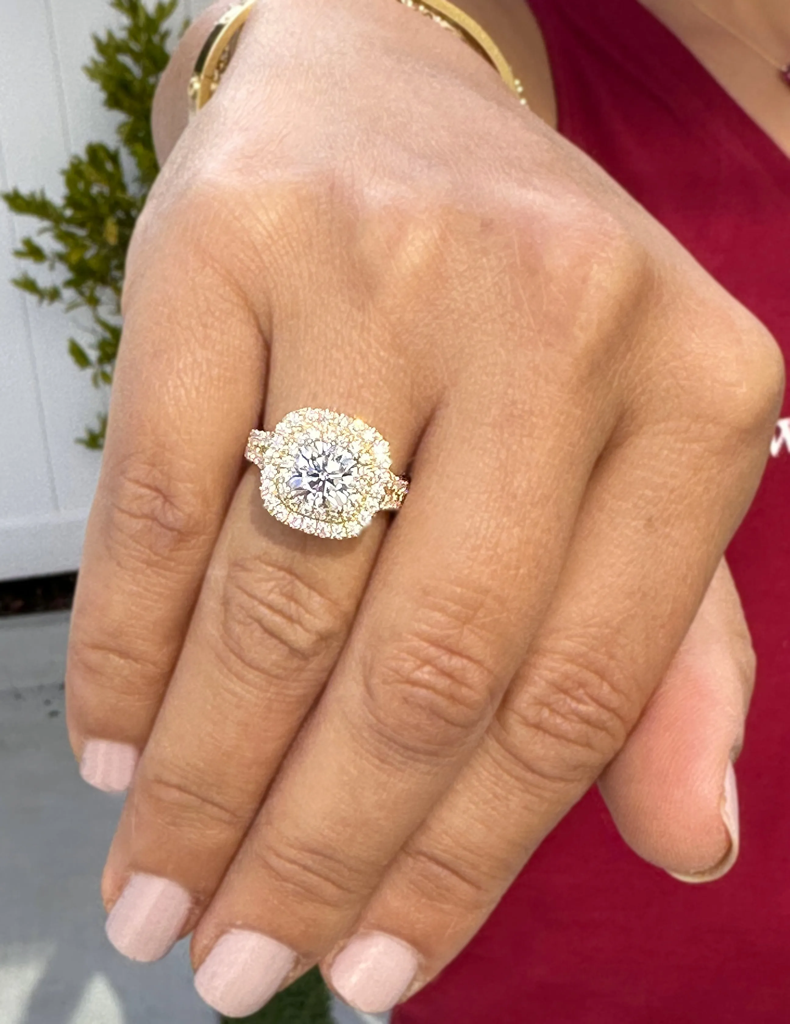 Cushion And Round Cut Diamond Engagement Ring IGI Certified Double Halo Women's 14k Solid Yellow Gold Bridal Halo Wedding Ring 3.00ct F-VS2