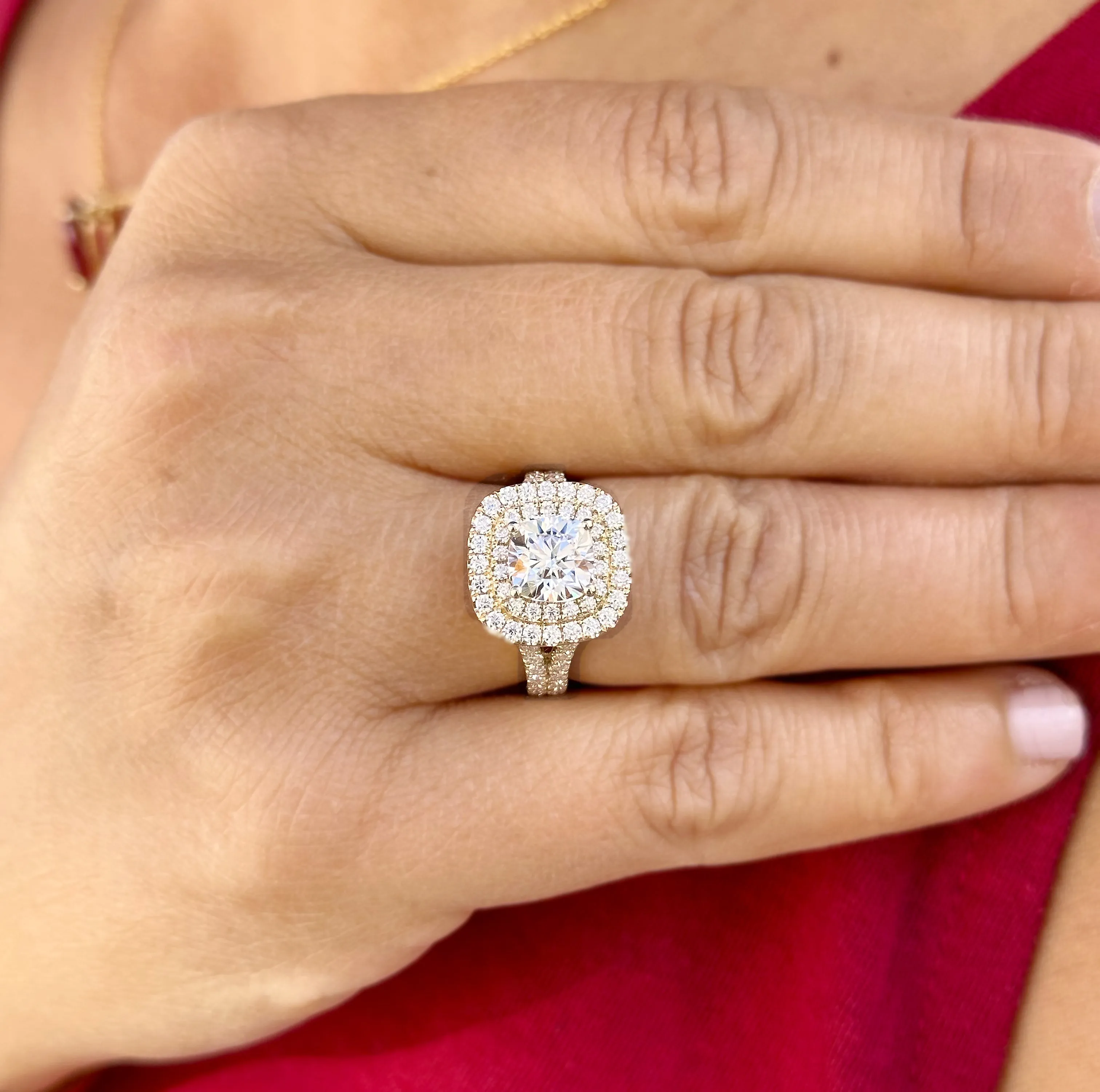 Cushion And Round Cut Diamond Engagement Ring IGI Certified Double Halo Women's 14k Solid Yellow Gold Bridal Halo Wedding Ring 3.00ct F-VS2