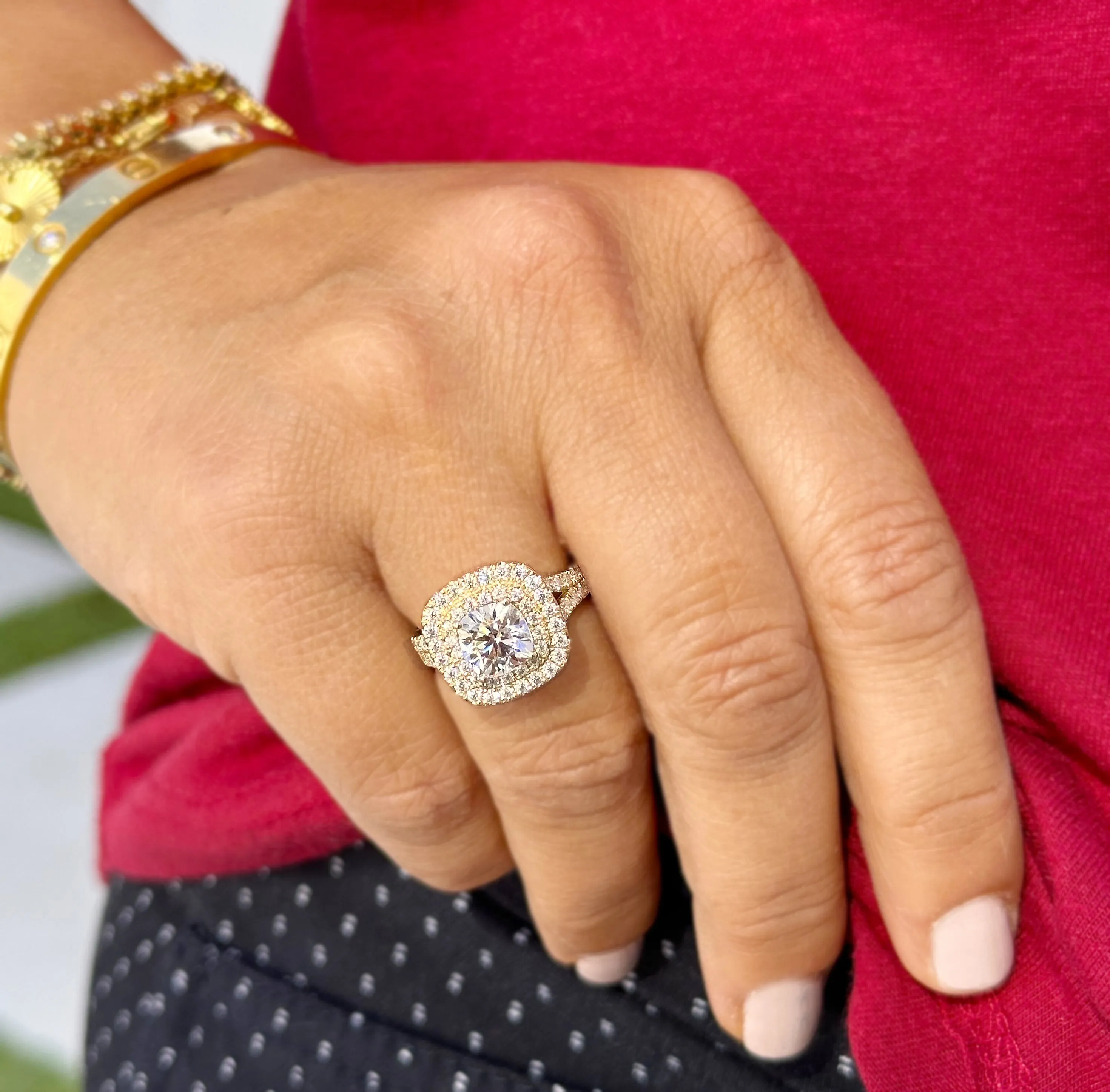 Cushion And Round Cut Diamond Engagement Ring IGI Certified Double Halo Women's 14k Solid Yellow Gold Bridal Halo Wedding Ring 3.00ct F-VS2