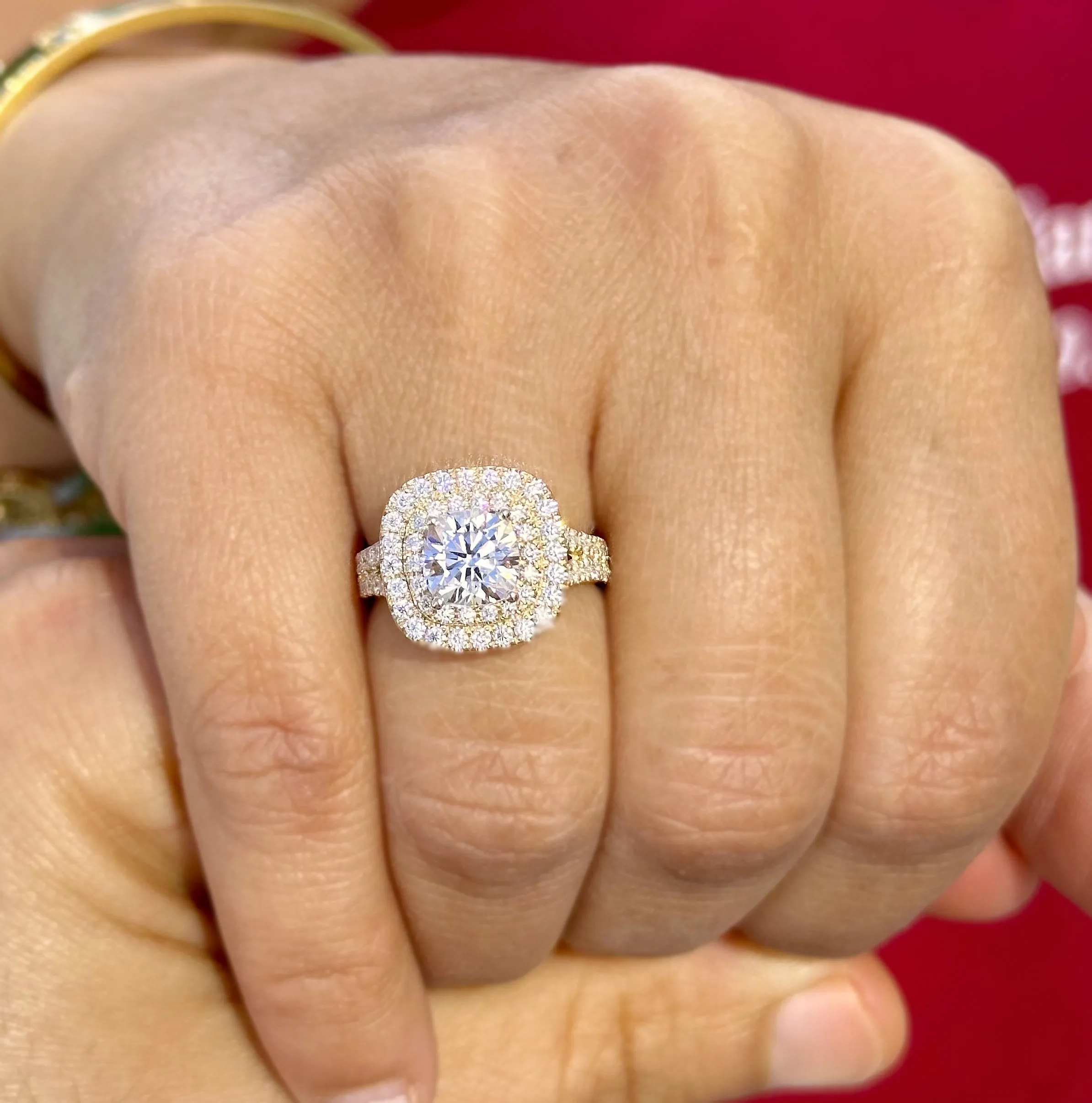 Cushion And Round Cut Diamond Engagement Ring IGI Certified Double Halo Women's 14k Solid Yellow Gold Bridal Halo Wedding Ring 3.00ct F-VS2