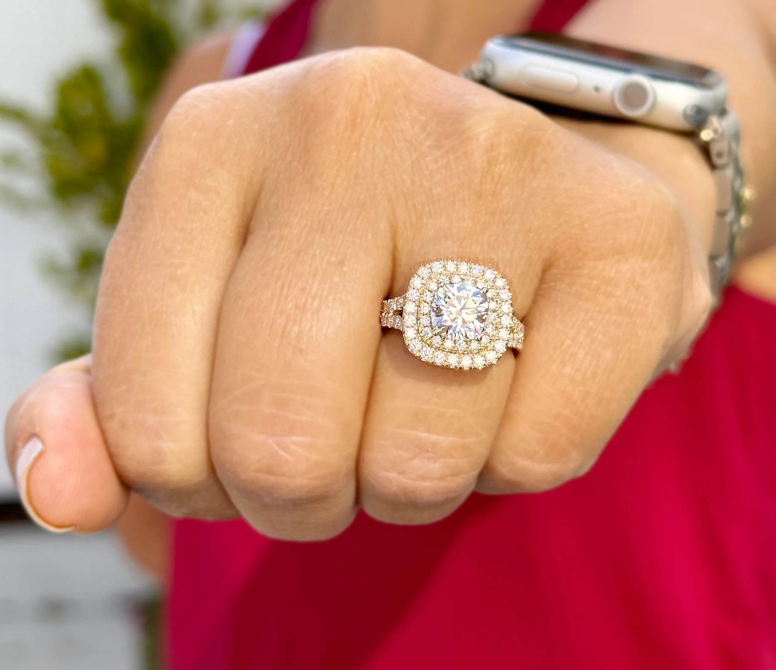 Cushion And Round Cut Diamond Engagement Ring IGI Certified Double Halo Women's 14k Solid Yellow Gold Bridal Halo Wedding Ring 3.00ct F-VS2